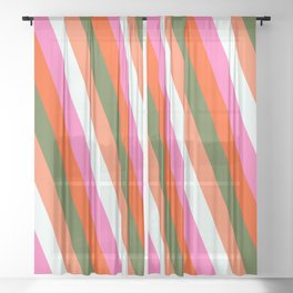 [ Thumbnail: Eyecatching Red, Dark Olive Green, Coral, Mint Cream & Hot Pink Colored Stripes Pattern Sheer Curtain ]