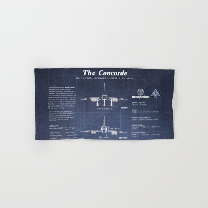 Concorde Supersonic Airliner Blueprint (dark blue) Hand & Bath Towel