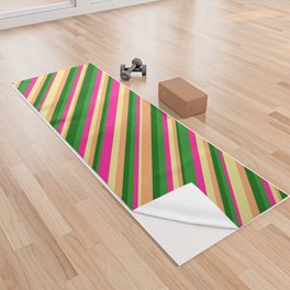 [ Thumbnail: Dark Green, Brown, Tan, Deep Pink, and Forest Green Colored Lines/Stripes Pattern Yoga Towel ]
