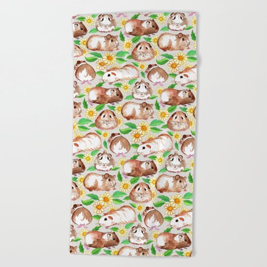 Guinea Pigs and Daisies in Watercolor Beach Towel