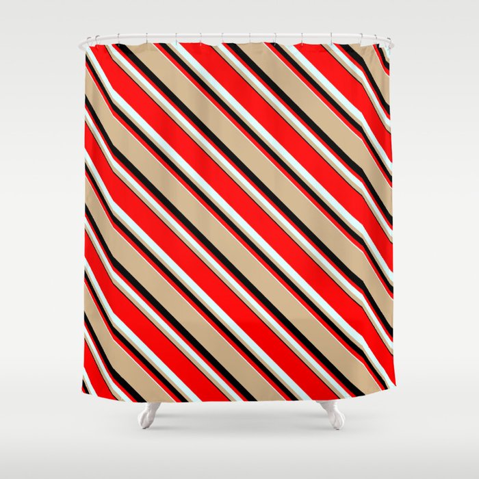 Red, Light Cyan, Tan, and Black Colored Lines/Stripes Pattern Shower Curtain