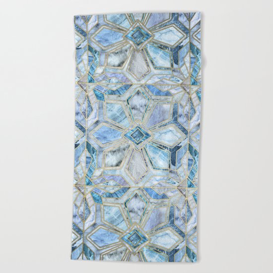 Geometric Gilded Stone Tiles in Soft Blues Beach Towel