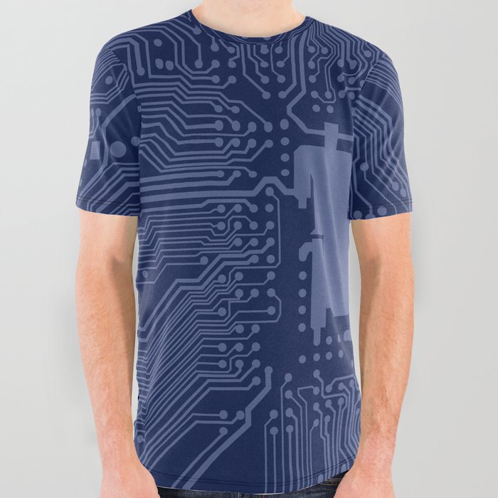 Blue Geek Motherboard Circuit Pattern All Over Graphic Tee