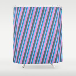 [ Thumbnail: Plum, Dim Gray, and Deep Sky Blue Colored Striped Pattern Shower Curtain ]