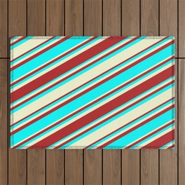 [ Thumbnail: Red, Cyan, and Light Yellow Colored Stripes Pattern Outdoor Rug ]