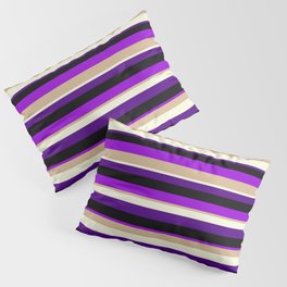 [ Thumbnail: Colorful Black, Dark Violet, Tan, Beige, and Indigo Colored Lined/Striped Pattern Pillow Sham ]