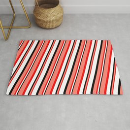[ Thumbnail: Salmon, Red, White, and Black Colored Striped/Lined Pattern Rug ]