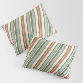 [ Thumbnail: Red, Beige, Green, and Sky Blue Colored Stripes Pattern Pillow Sham ]