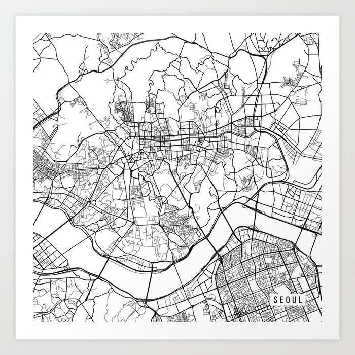 Seoul Map South Korea Black And White Art Print By Mainstreetmaps
