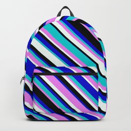 [ Thumbnail: Eyecatching Blue, Dark Turquoise, Violet, Mint Cream, and Black Colored Stripes Pattern Backpack ]