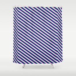 [ Thumbnail: Hot Pink, Light Cyan, Sea Green, and Blue Colored Lined/Striped Pattern Shower Curtain ]
