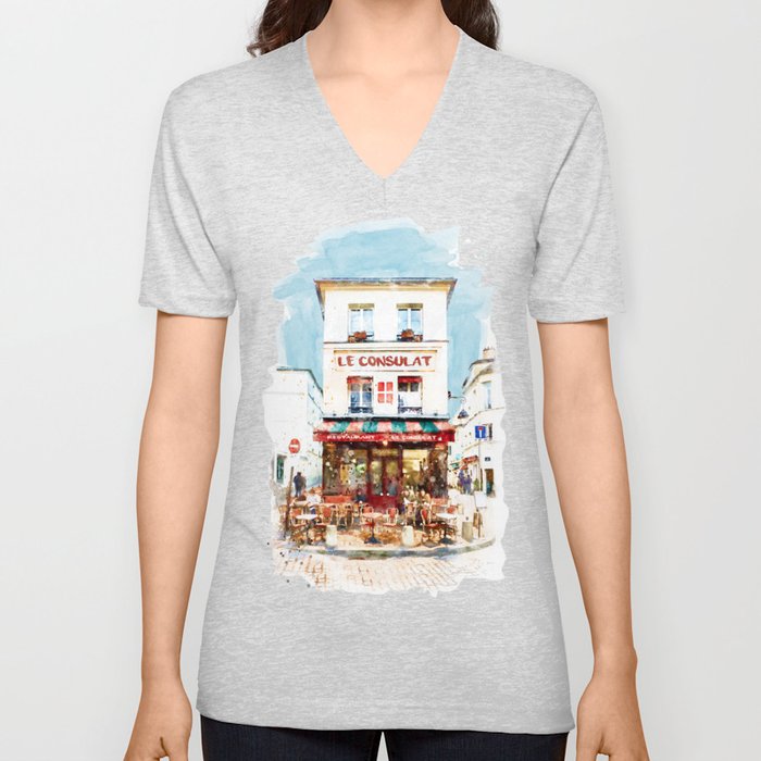Watercolor Cityscape - Le Consulat Paris V Neck T Shirt