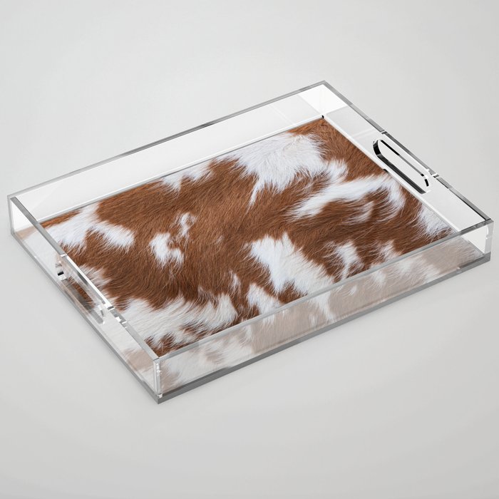 Brown and White Cow Skin Print Pattern Modern, Cowhide Faux Leather Acrylic Tray