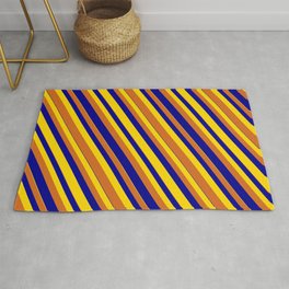 [ Thumbnail: Dark Blue, Yellow, and Chocolate Colored Striped/Lined Pattern Rug ]