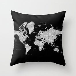 Black and grey watercolor world map with cities Throw Pillow