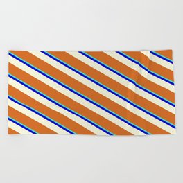 [ Thumbnail: Turquoise, Blue, Beige, and Chocolate Colored Lined/Striped Pattern Beach Towel ]