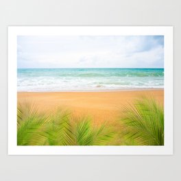 Palm or coconut leaves with Blue sea and blue sky with sand beach at coast. ocean Phuket Island in thailand. tropical nature landscape. for tourist vacation travel summer holidays concept. Art Print