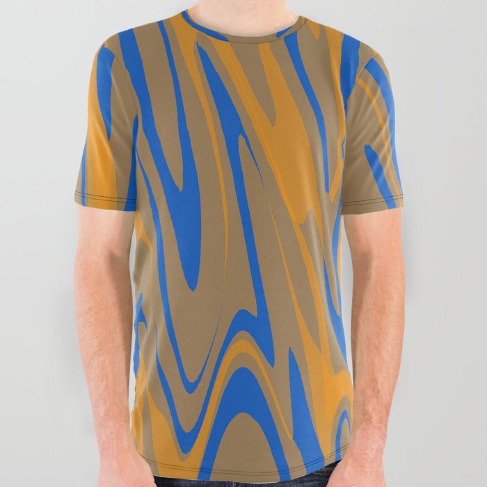 Electric Blue And Orange Liquid Marble Abstract All Over Graphic Tee