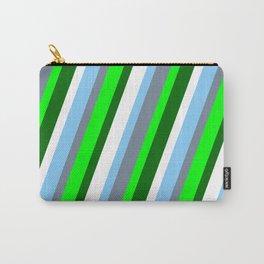 [ Thumbnail: Eye-catching Light Sky Blue, Light Slate Gray, Lime, Dark Green, and White Colored Stripes Pattern Carry-All Pouch ]