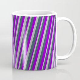 [ Thumbnail: Dark Violet, Dark Gray, and Dark Slate Gray Colored Striped Pattern Coffee Mug ]