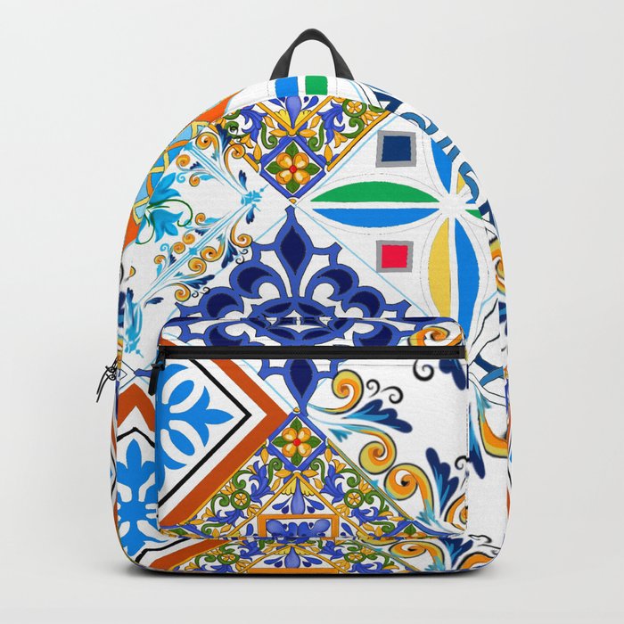 Tiles,mosaic,azulejo,quilt,Portuguese,majolica,lemons,citrus. Backpack