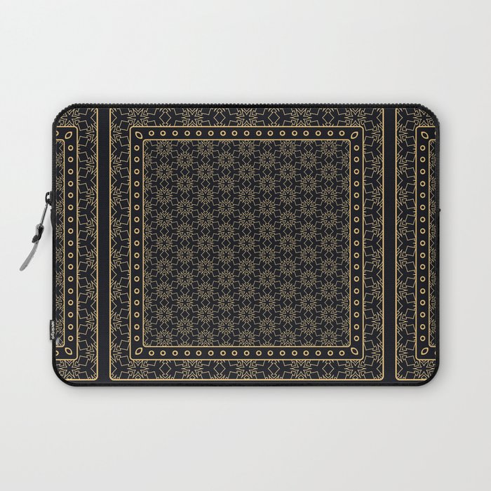 Black and gold abstract graphic pattern. Geometric ornament with frame, border. Line art, lace, embroidery background. Bandanna, shawl, scarf, tablecloth design Laptop Sleeve