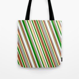[ Thumbnail: Vibrant Dark Grey, Sienna, Tan, Green & White Colored Lined Pattern Tote Bag ]