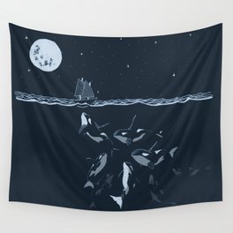 Pod of Killer Whale (Orca) and small boat in midnight ocean scene Wall Tapestry
