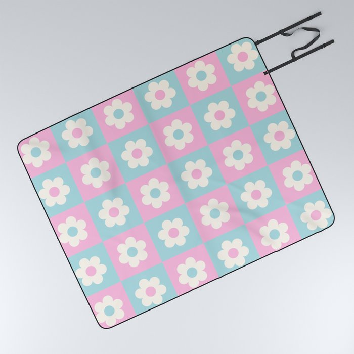 Checkered Daisies in Pink and Blue Picnic Blanket