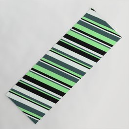 [ Thumbnail: Dark Slate Gray, Green, Black & Mint Cream Colored Stripes/Lines Pattern Yoga Mat ]