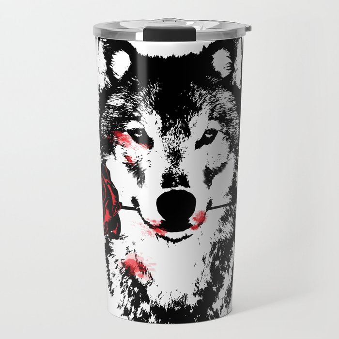 Wolf blood stained, holding a red rose. Travel Mug