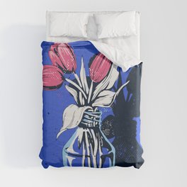 Holland Tulips Bouquet on Cobalt and Delft Blue Duvet Cover