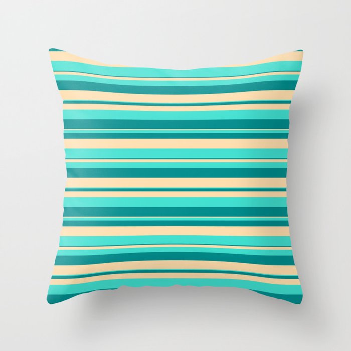Dark Cyan, Tan & Turquoise Colored Pattern of Stripes Throw Pillow