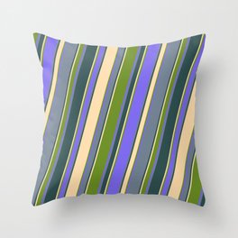 [ Thumbnail: Tan, Green, Medium Slate Blue, Slate Gray, and Dark Slate Gray Colored Lined/Striped Pattern Throw Pillow ]