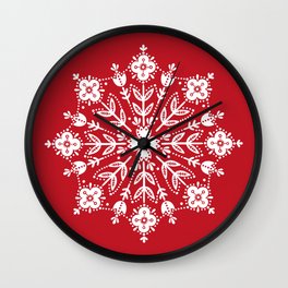 Vintage Christmas Floral Snowflake - Scandinavian Folk Art Circle Nordic ornament Wall Clock