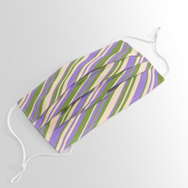 [ Thumbnail: Purple, Green, and Bisque Colored Lined Pattern Face Mask ]