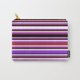 [ Thumbnail: Eyecatching Plum, Purple, Red, Black & White Colored Lines/Stripes Pattern Carry-All Pouch ]