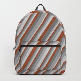 [ Thumbnail: Sienna, Grey, Dark Gray & Light Gray Colored Lines/Stripes Pattern Backpack ]