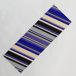 [ Thumbnail: Dark Gray, Dark Slate Blue, Dark Blue, Tan, and Black Colored Striped Pattern Yoga Mat ]