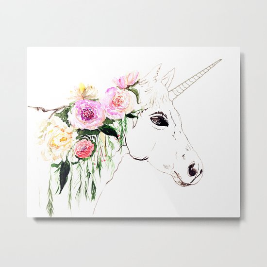 Unicorn, flowers, watercolor Metal Print