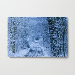 Winter road photo print | Nature Photography in the Netherlands, Drenthe with forest covered in snow. A Christmas themed photograph Metal Print