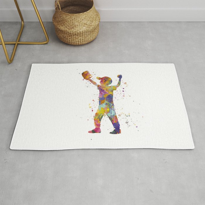 Boy plays baseball in watercolor Rug