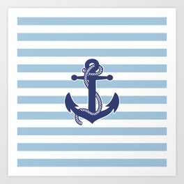 Retro Navy Anchor and Stripes Pattern 226 Blue Art Print