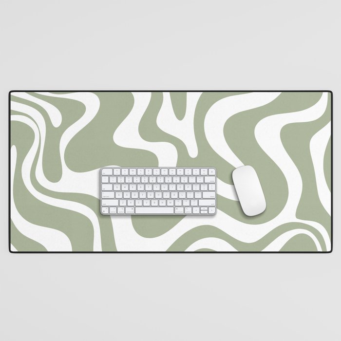 Liquid Swirl Abstract Pattern in Sage Green and White Desk Mat