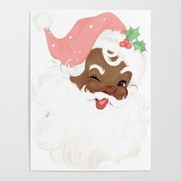 vintage old world black santa winking in blush pink Poster