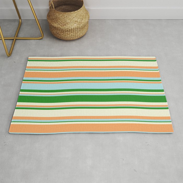 Forest Green, Beige, Brown & Powder Blue Colored Striped Pattern Rug