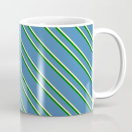[ Thumbnail: Blue, Tan & Green Colored Striped/Lined Pattern Coffee Mug ]