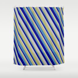 [ Thumbnail: Dark Khaki, Blue, Dark Blue & Grey Colored Lines/Stripes Pattern Shower Curtain ]