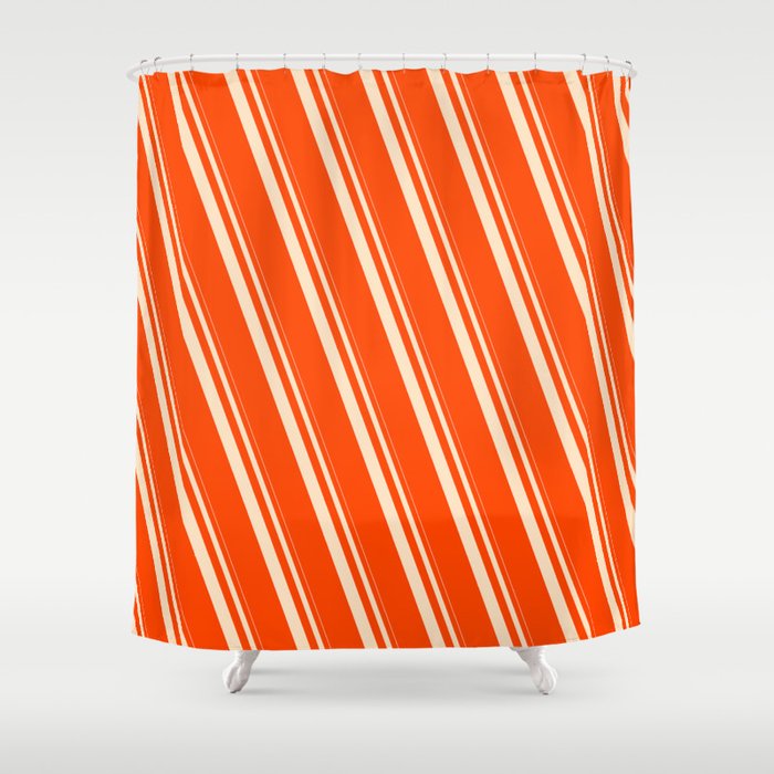 Bisque & Red Colored Lines/Stripes Pattern Shower Curtain