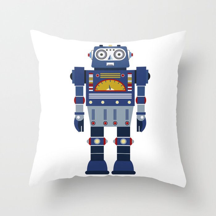 Blue Robot Retro Toy Throw Pillow